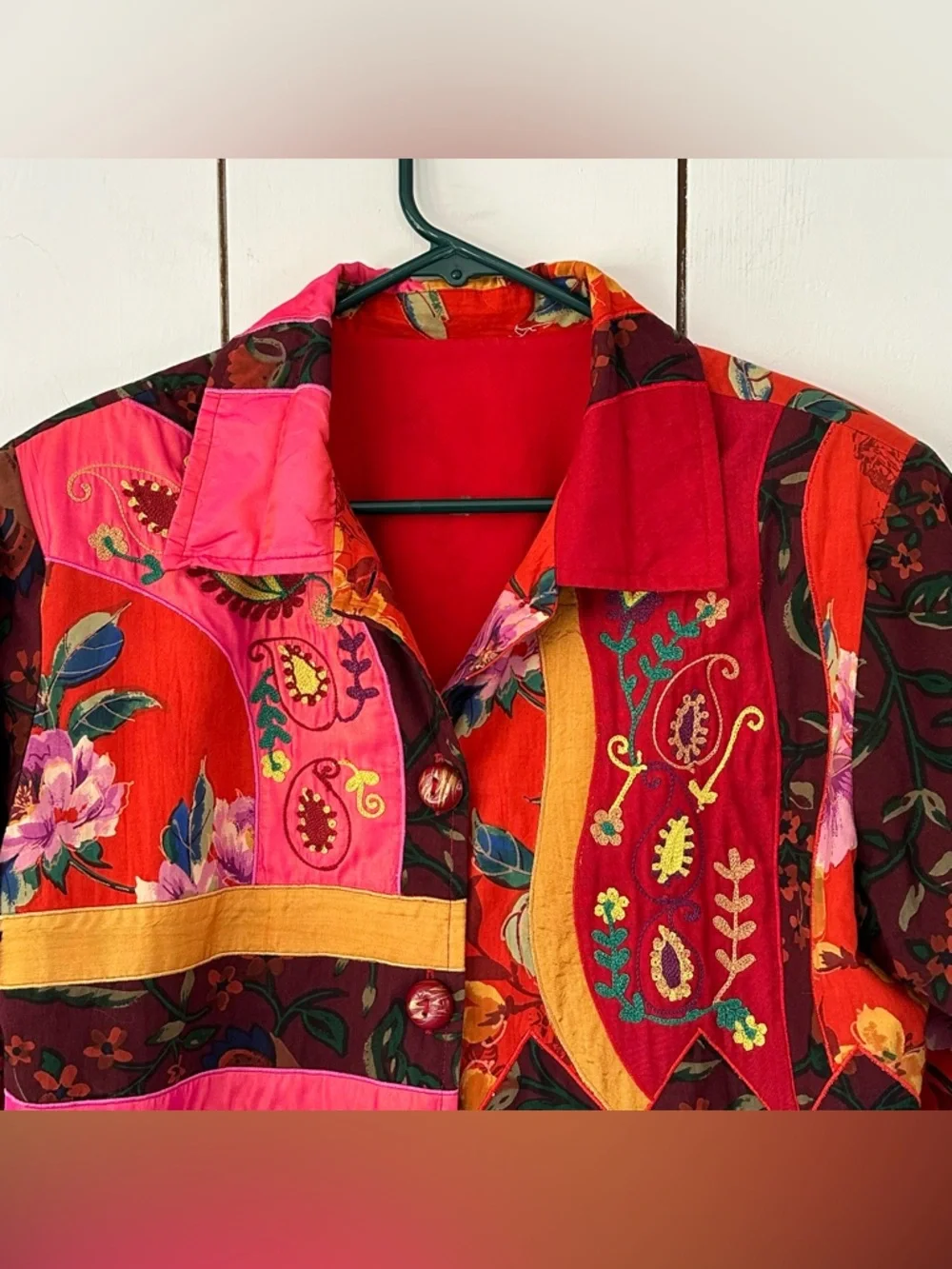 Vintage 90s Embroidered Patchwork Jacket Sz L Multicolor Art-to-Wear Maximalist